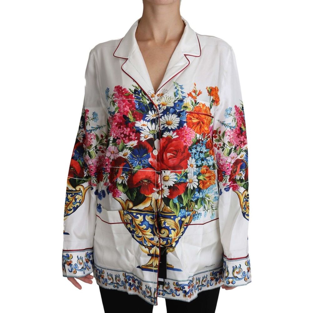 Dolce & Gabbana White Flower Vase Print Silk Lounge Blouse Top - Picture 2 of 6